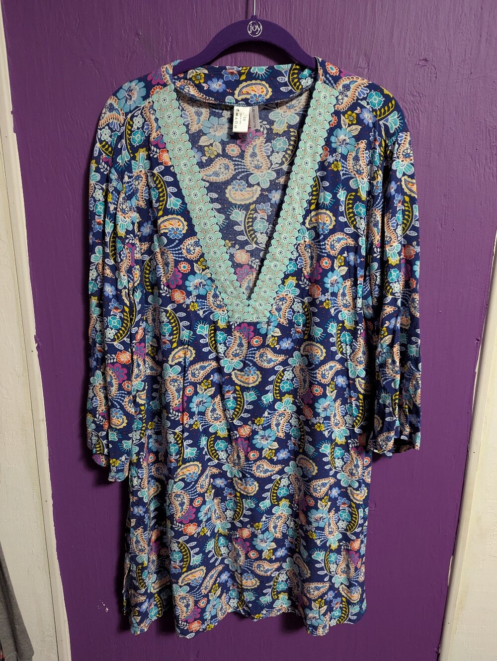 28. Liz Claiborne Blue Floral Paisley Split Hem 3/4 Sleeve V-Neck Midi Dress 1X